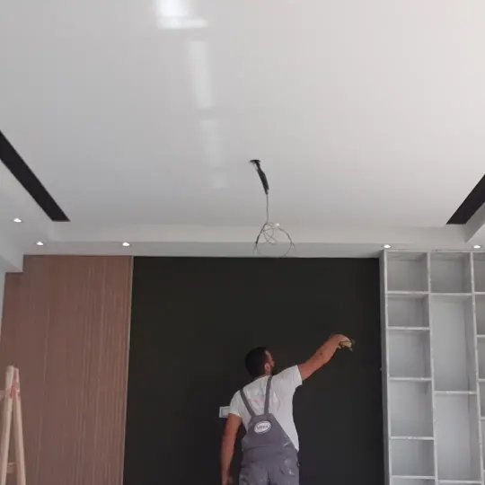 Apartament modern me tavane të varura dhe linja LED