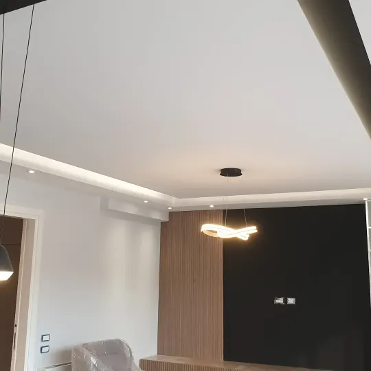 Apartament modern me tavane të varura dhe linja LED